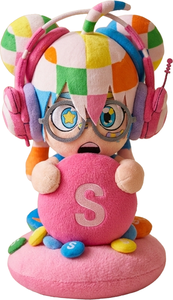 Yameii plush holding a giant pink Skittle